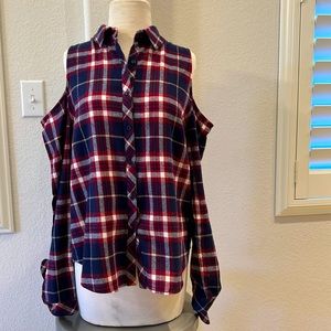 Mixed Thread plaid shirt with exposed shoulders